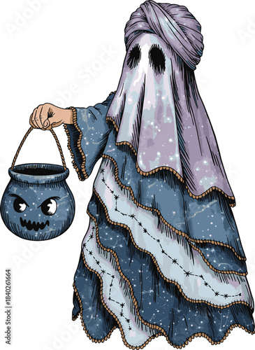 Whimsical halloween ghost costume patchwork denim sheer muslin handcrafted unique spooky fun