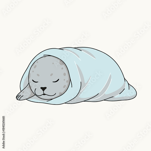 Cute seal pup sleeping in a blanket.