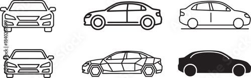 Sedan Car Icon Set – Modern Passenger Vehicle Designs in Front, Side, and Silhouette Views with Outline and Solid Styles for Transport Apps, Automotive UI, and Vector Illustrations