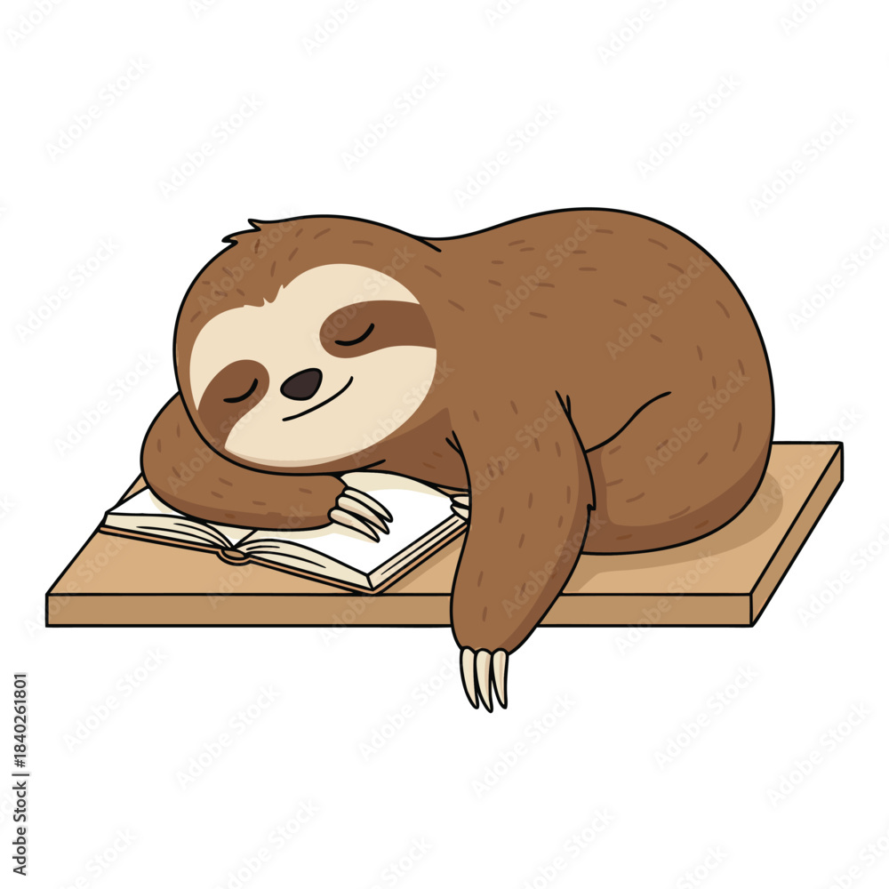 Fototapeta premium Cute Sloth Napping on a Book Illustration.