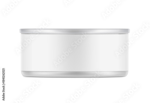 Hight realistic can mockup for food preservation, pet food. Vector illustration isolated on white background. Easy to use for presentation your product, idea, design. EPS10.