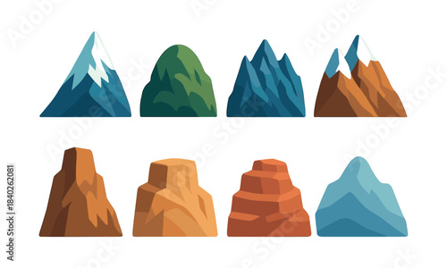 Mountain peaks collection, landscapes, nature scenes, flat vector illustration