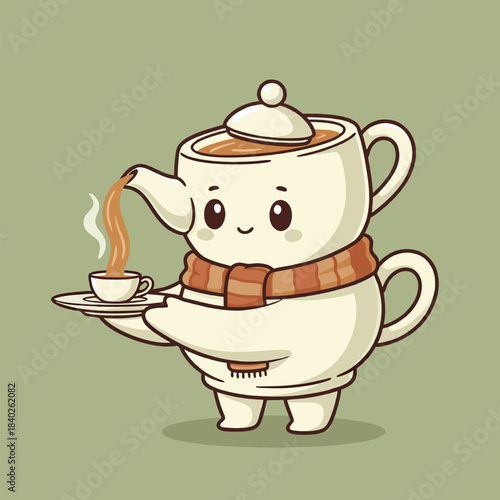 Cute teapot character serving a cup of tea.