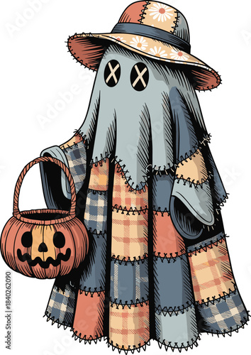 Whimsical halloween ghost costume with pumpkin candy bucket and patchwork design