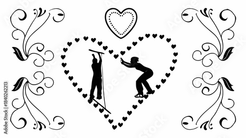 Silhouettes of a couple ice skating inside a heart shape surrounded by decorative swirls and a dotted heart above