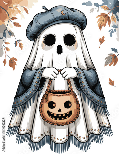 halloween ghost costume with treat bag and beret art Whimsical
