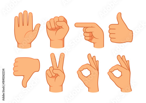 Hand gestures vector illustration in flat vector style, thumbs up, peace sign