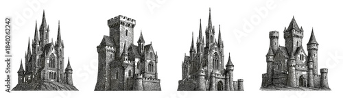 Fantasy gothic castles vintage engraving icons set