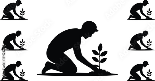 Silhouette people planting trees, environmental care, nature conservation, community gardening, eco-friendly activity, sustainability concept, teamwork for green future, reforestation illustration, 