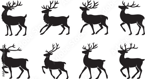 Eight black silhouette reindeer in various walking and trotting poses on a white background stag black and white