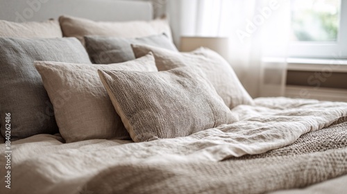 Cozy natural linen bedding with multiple pillows in bright bedroom