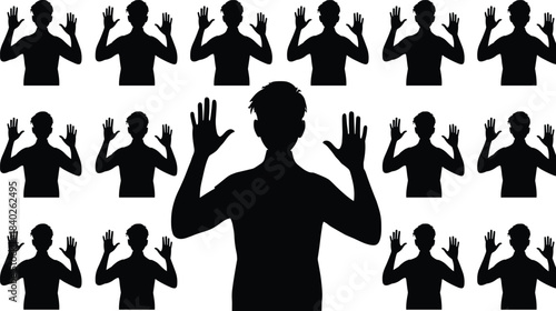 Raised hands silhouette vector, group unity concept, leadership symbol, protest crowd illustration, black human figures, team support, social movement design