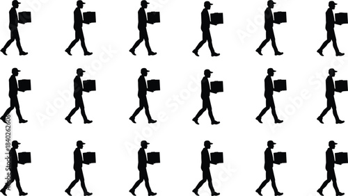 Silhouette person carrying box, walking motion sequence, delivery concept, labor activity, black vector illustration, minimal design, repetitive pose, side profile