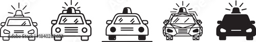 Police Car Icon Set – Emergency Vehicle Symbols with Siren Lights in Outline and Solid Silhouette Styles for Law Enforcement, Public Safety Apps, and Vector Illustrations