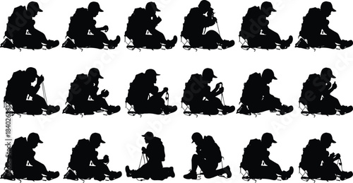 Silhouette person sitting with backpack, outdoor activity sequence, camping motion, black vector illustration, minimal design, gear interaction, hiking preparation concept