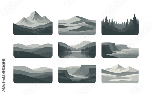Mountain and forest landscape, flat vector illustration, nature and scenery
