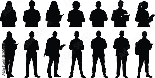 Silhouette people with tablets, digital users, technology interaction, modern lifestyle, mobile device usage, diverse group, vector illustration, minimal black design