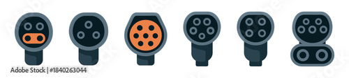 Electric vehicle plug types, car charging, flat vector illustration