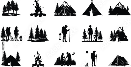 Camping silhouette icons, outdoor adventure, hiking, tents, campfire, nature, forest, backpackers, wilderness, travel, exploration, vector set, night scene