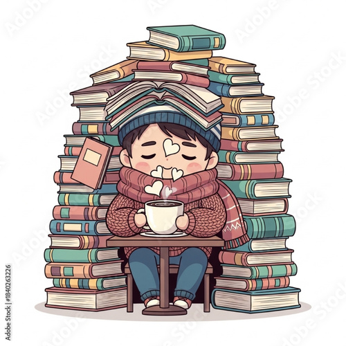 Cozy Bookworm Boy in Book Pile
