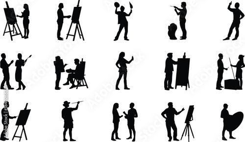 Artistic silhouette icons, painting, sculpting, creative people, art studio, artist at work, collaboration, tools, easel, brush, expression, creativity, vector