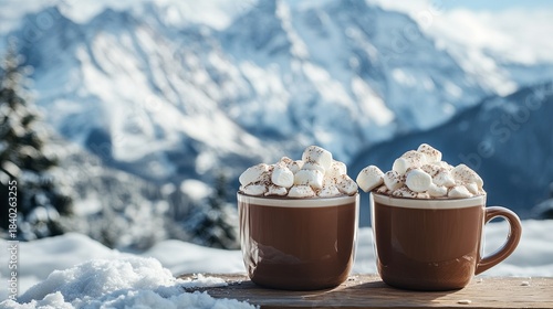 hot chocolate bar with snow-covered mountains in background, marshmallows, cozy winter vibe, .
