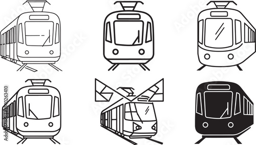 Tram and Subway Icon Set – Modern Light Rail, Metro, and Urban Train Front View Designs in Outline, Geometric, and Solid Silhouette Styles for Public Transport Graphics