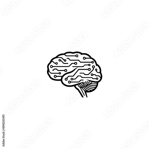 Conceptual brain icon, a detailed black and white illustration integrating circuit board pathways symbolizing ai and digital thought processes isolated on transparent background