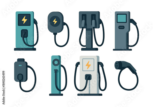 Electric vehicle charging stations, flat vector illustration, eco-friendly design