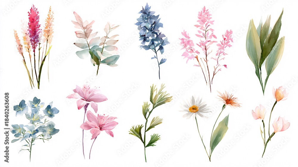 Fototapeta premium Watercolor Botanical Collection of Various Colorful Flower and Leaf Sprigs on White Background