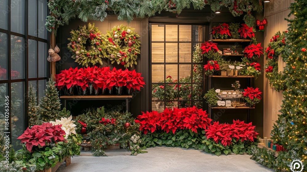 Fototapeta premium Pop-up Christmas flower shop with poinsettias and pine wreaths .