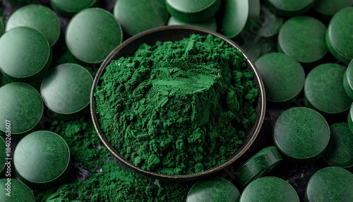 Top-down shot of green powder in a bowl with green round pills surrounding it on a dark textured surface