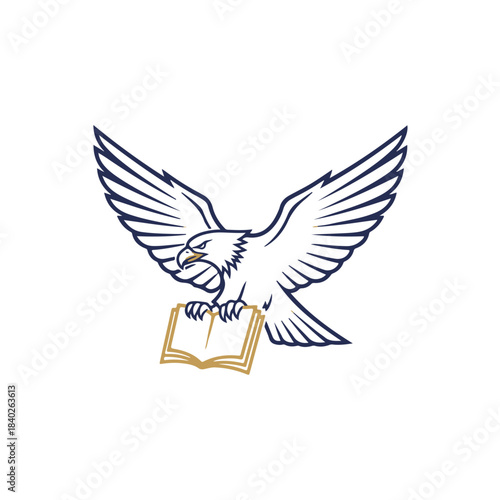 Majestic eagle mascot with spread wings holding an open book, symbolizing knowledge, education, freedom, and strength, vector illustration isolated on transparent background