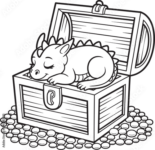 Adorable baby dragon sleeping peacefully inside an open treasure chest filled with gold coins
