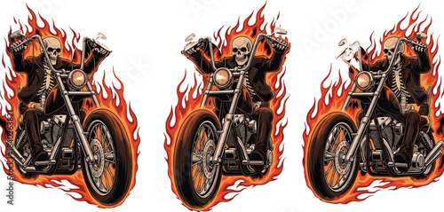 Set of three flaming skeleton biker riding motorcycle illustrations, aggressive design for tattoo, chopper, custom bike, outlaw, death, and speed racing club apparel.