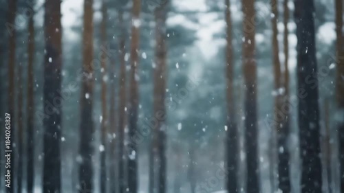 Serene winter forest with falling snow, A serene winter forest scene with tall trees, softly falling snowflakes creating a tranquil atmosphere