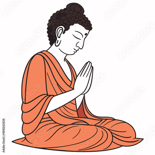A Buddhist monk (or the Buddha) in meditation. He is seated in a kneeling position, wearing traditional orange robes, with hands pressed together in a prayer gesture (anjali mudra). His eyes are close