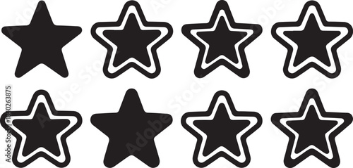 Eight Black Star Shapes with Double White Outline on White Background Keywords: star, stars, shape, icon, symbol, graphic, design, element, decoration, pattern, black, white, outline, border