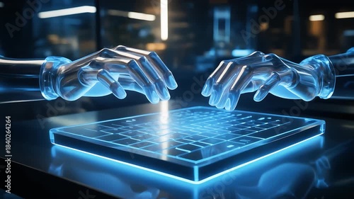Futuristic robotic hands typing on a glowing keyboard