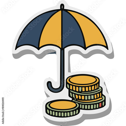 Stack Of Coins Under Yellow And Blue Umbrella Representing Financial Security And Protection Against Market Volatility With Clean Lines And Shadow Effect