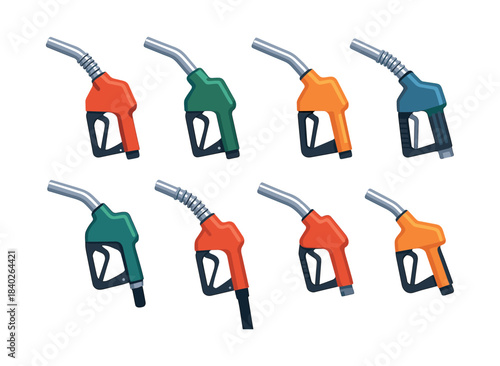 Fuel pump nozzle set, diverse colors, flat vector illustration, gas and diesel
