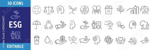 Set of 30 line icons related to ESG, ecology, environment, social, governance. Editable stroke. Vector illustration.