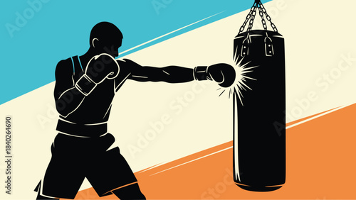 Silhouette Boxer Training with Punching Bag