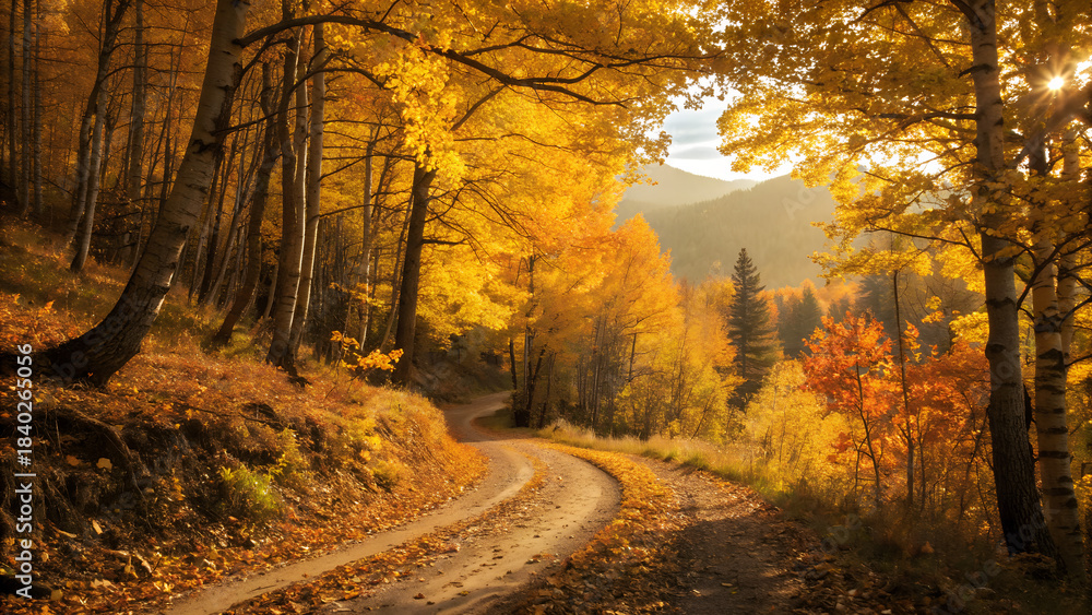 Obraz premium Colorful fall leaves carpet the rural road through a bright yellow autumn forest landscape