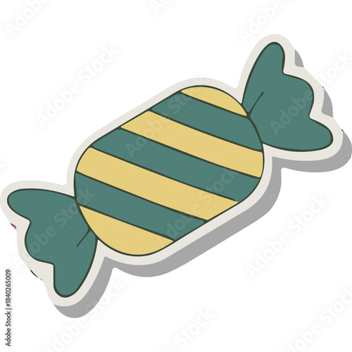 Striped Candy Wrapped in Teal and Yellow with White Border and Soft Shadow Isolated on Black Background Simple Flat Design Sweet Treat Food Icon