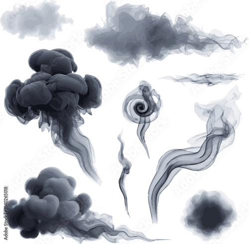 Isolated a kinds of deferent realistic smoke or steam set vector art with white background.