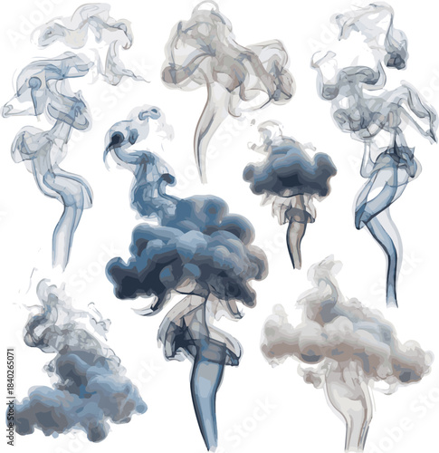 Isolated a kinds of deferent realistic smoke or steam set vector art with white background.
