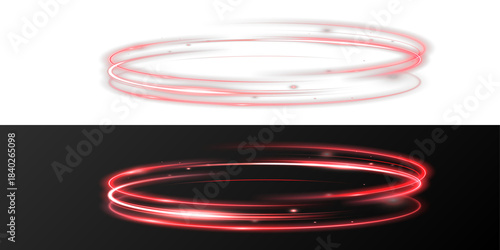 Glowing neon red energy swirl ring with bright light trails, soft particles and dynamic motion effect on black background, PNG illustration.