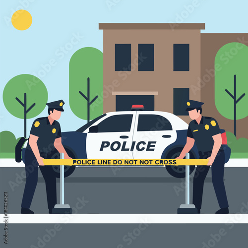 Police officers securing crime scene with tape.