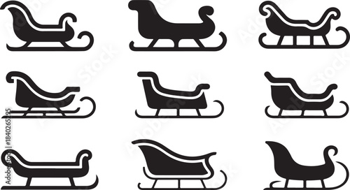 Nine Black Silhouette Sleigh Icons on White Background Keywords: sleigh, santa sleigh, christmas sleigh, winter, holiday, transport, vehicle, sled, snow, festive, icon, silhouette, black and white
